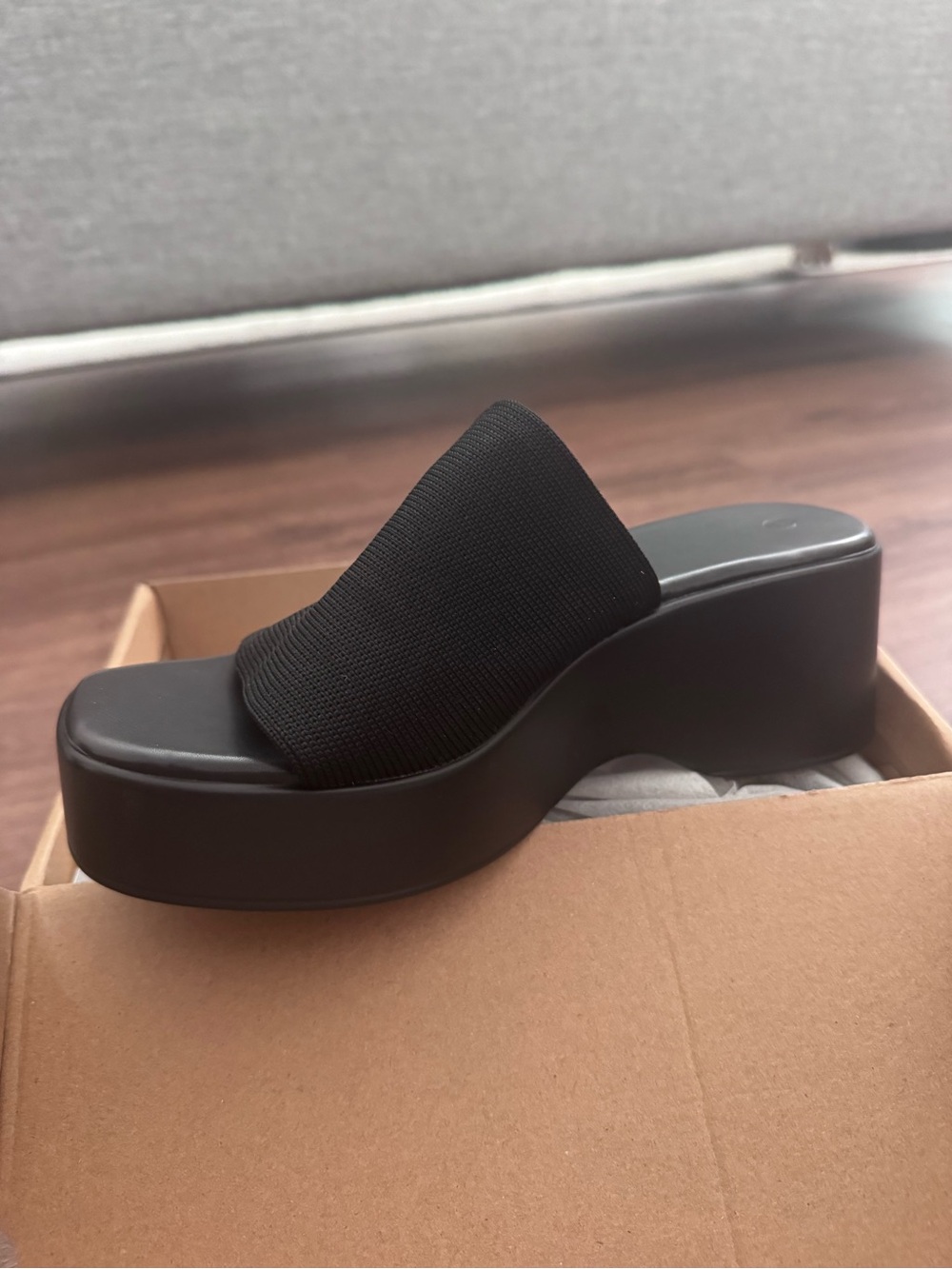 Women's Black Platform Slide Sandals - Knit Upper